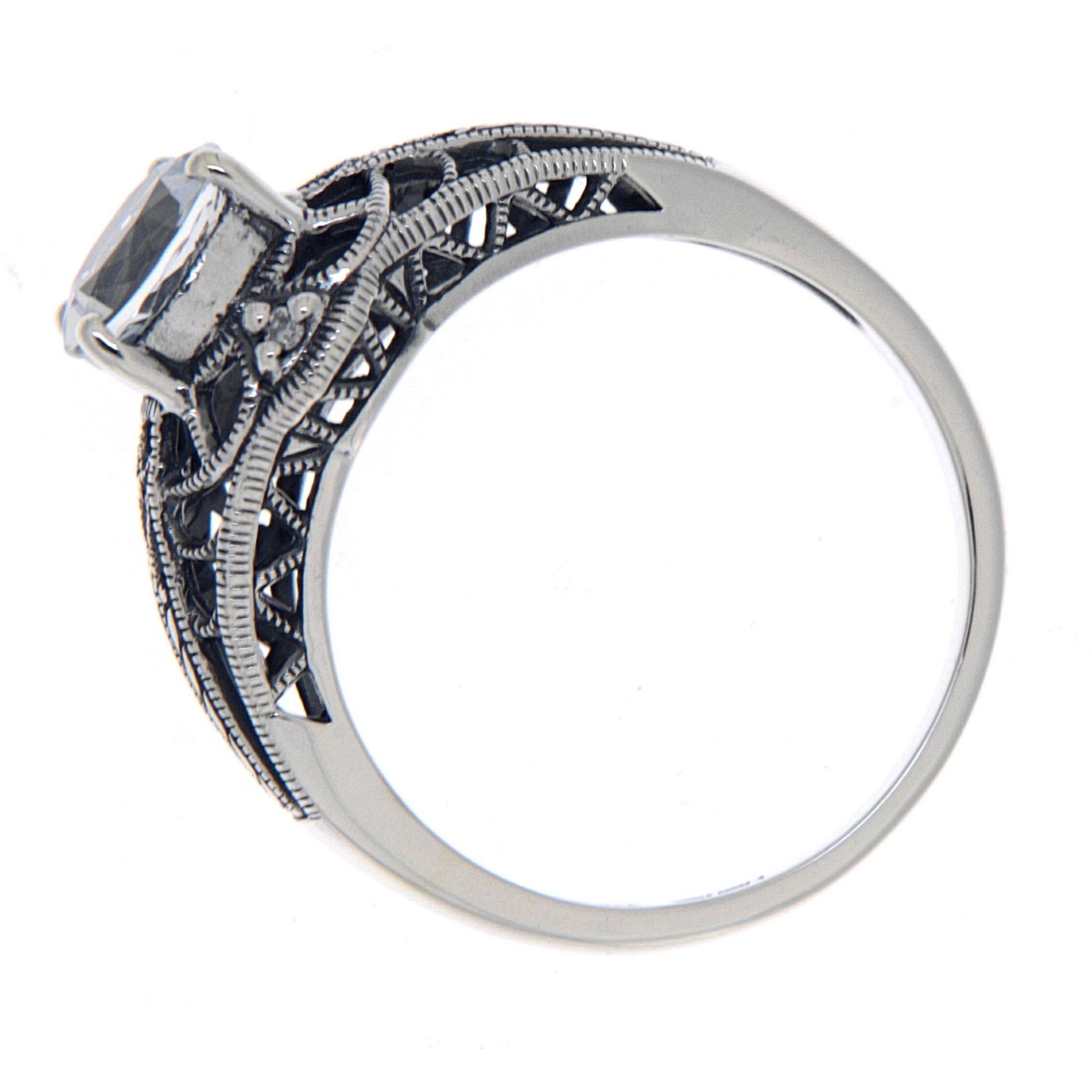 Back view of Art Deco Style White Topaz Filigree Ring with Four Diamonds Sterling 925 showing 925 sterling silver hallmark