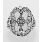 Detail view of Victorian Style Camphor Glass Crystal Diamond Ring Sterling Silver highlighting Diamond, Crystal