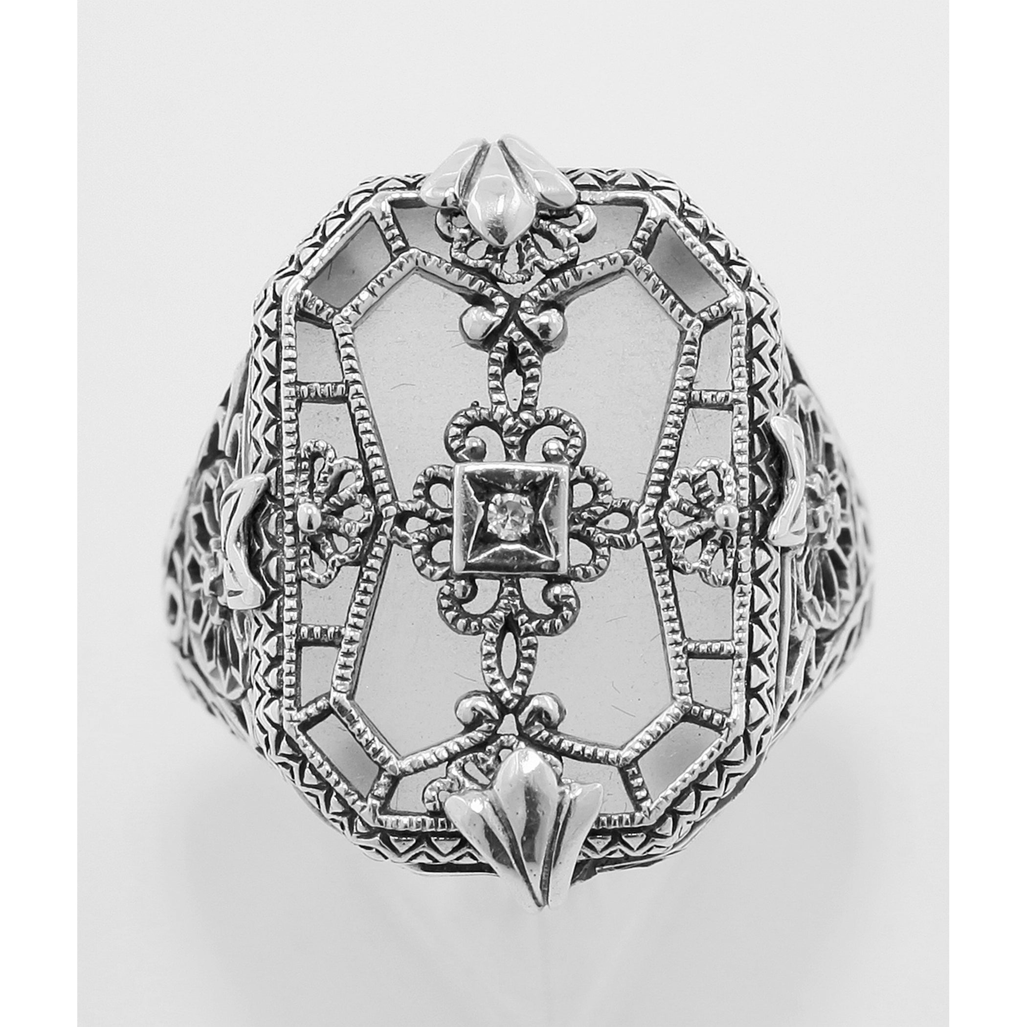 Detail view of Victorian Style Camphor Glass Crystal Diamond Ring Sterling Silver highlighting Diamond, Crystal