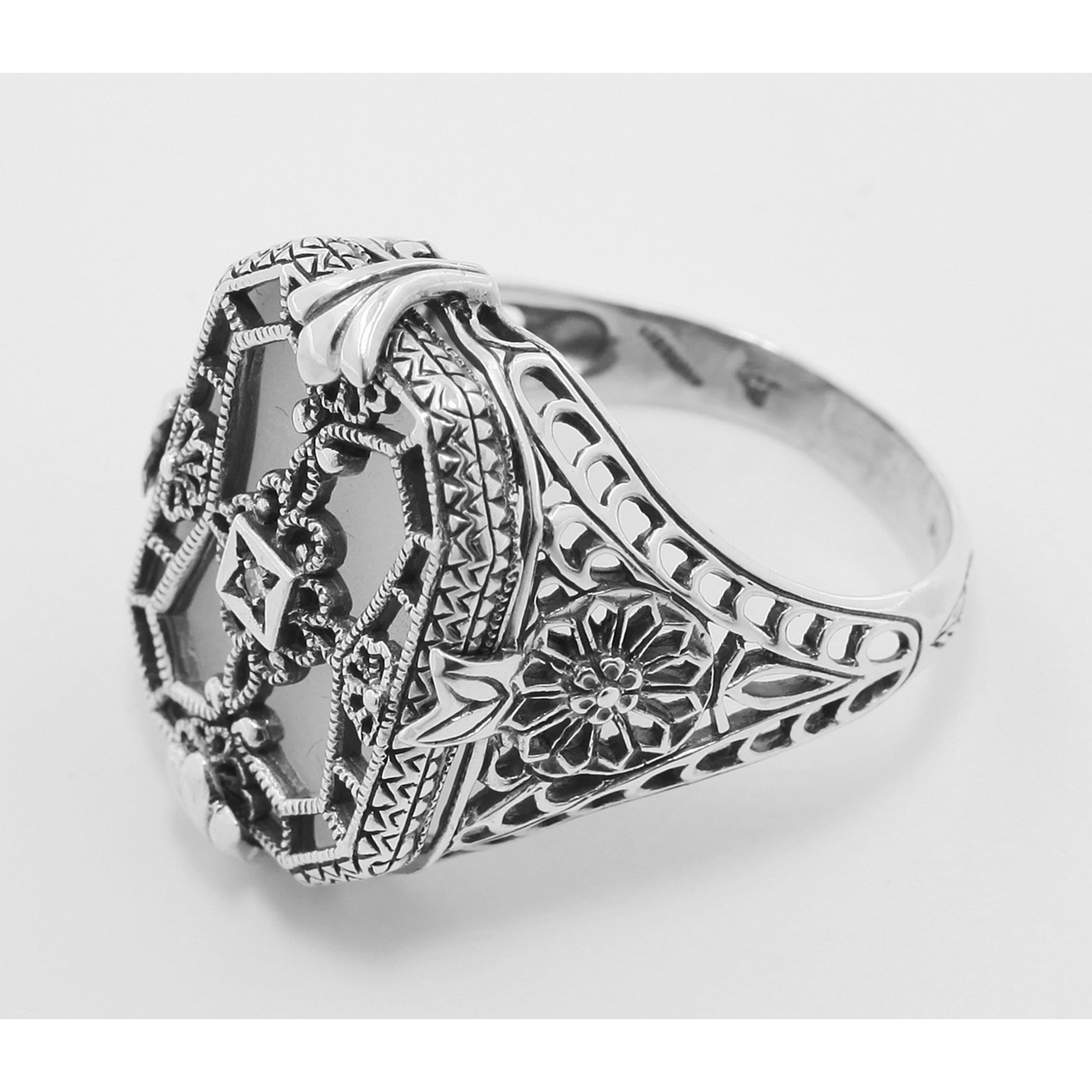 Back view of Victorian Style Camphor Glass Crystal Diamond Ring Sterling Silver showing 925 sterling silver hallmark