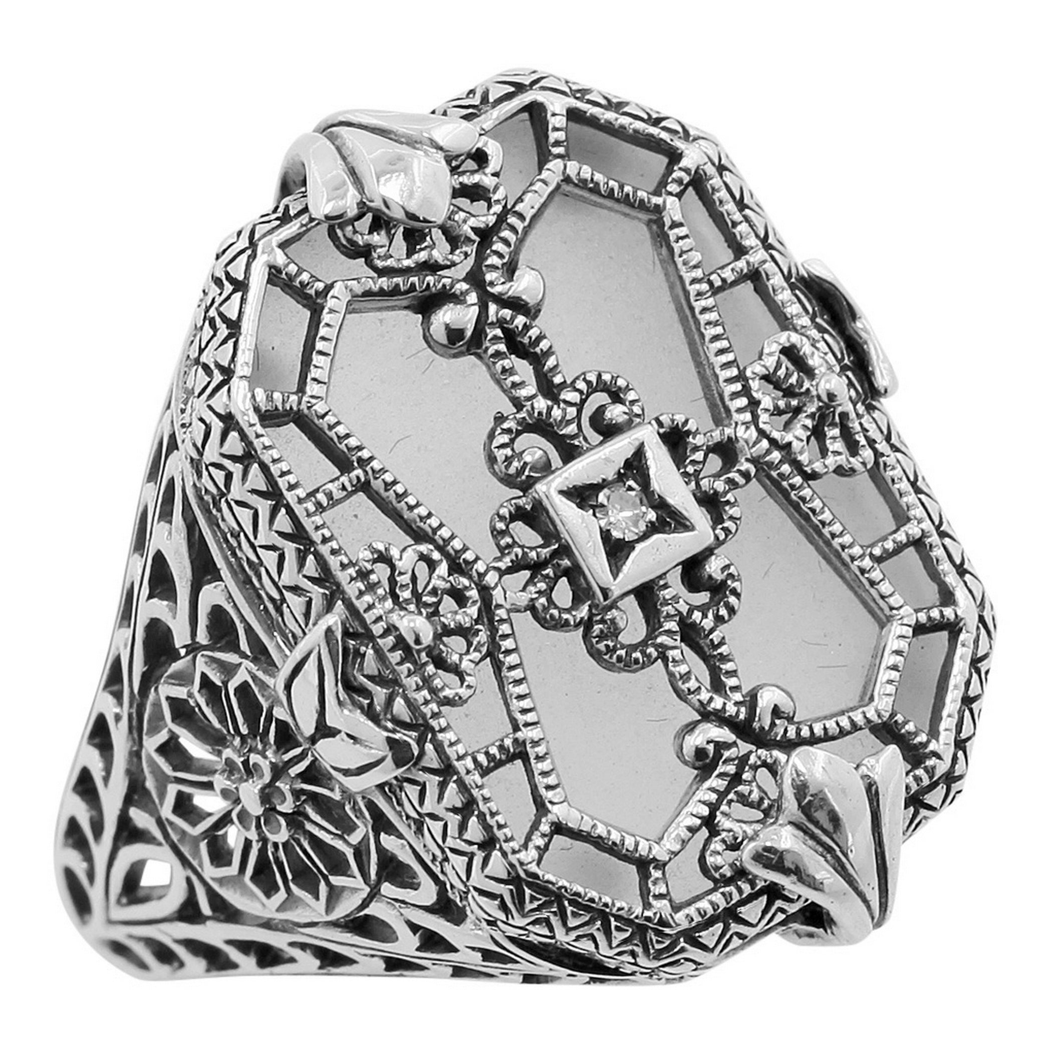 Victorian style, Diamond, Crystal, sterling silver rings, front view