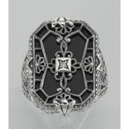 Detail view of Antique Victorian Style Black Onyx Diamond Filigree Ring Sterling Silver highlighting Diamond, Black Onyx