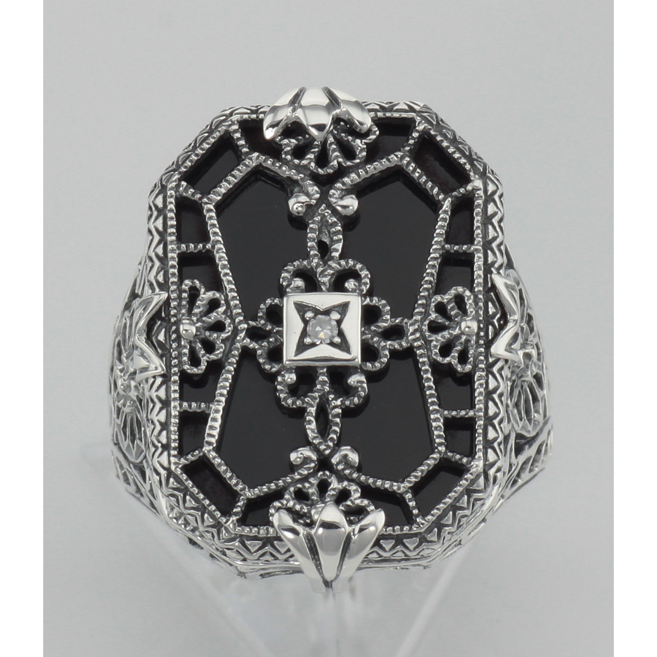 Detail view of Antique Victorian Style Black Onyx Diamond Filigree Ring Sterling Silver highlighting Diamond, Black Onyx