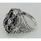 Back view of Antique Victorian Style Black Onyx Diamond Filigree Ring Sterling Silver showing 925 sterling silver hallmark