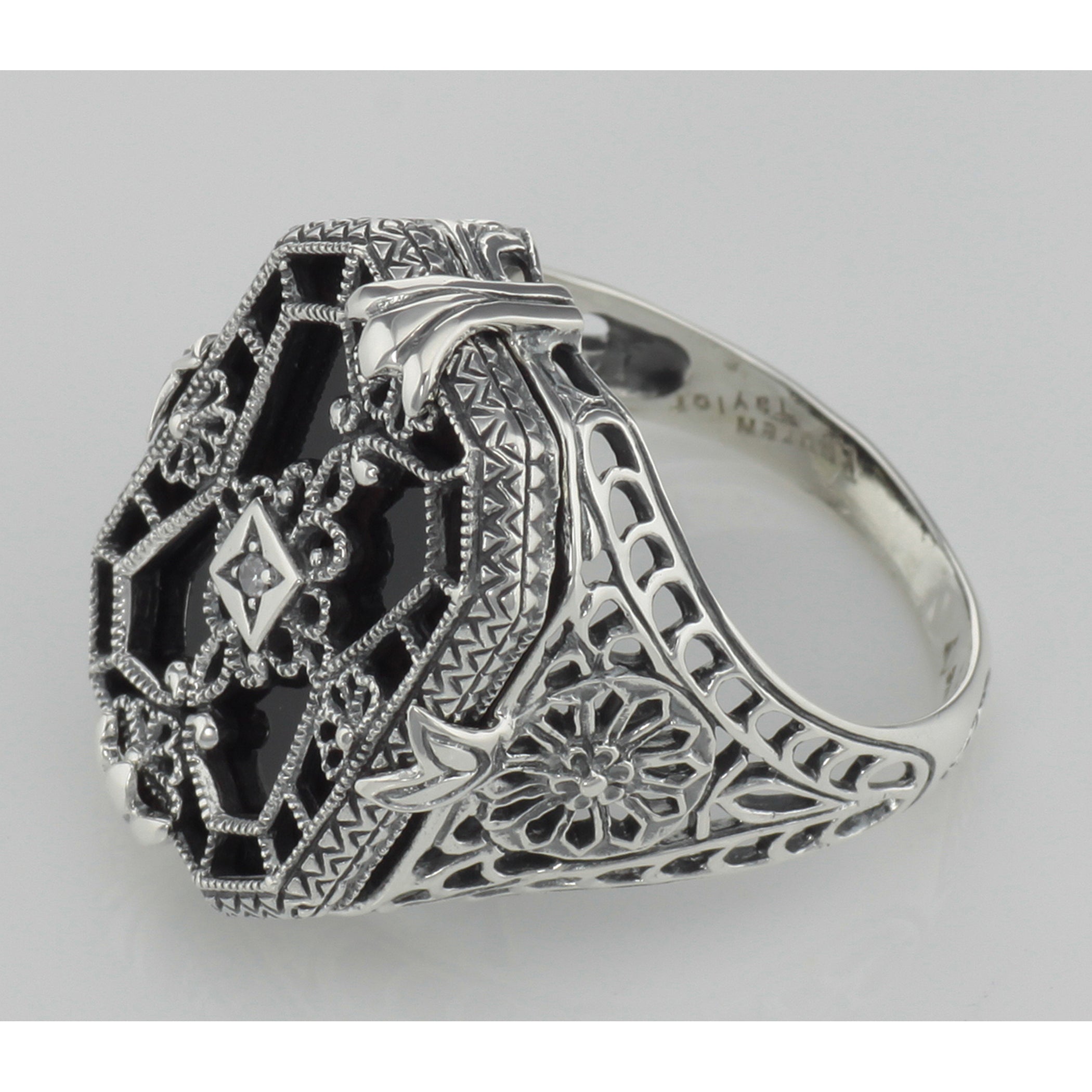 Back view of Antique Victorian Style Black Onyx Diamond Filigree Ring Sterling Silver showing 925 sterling silver hallmark