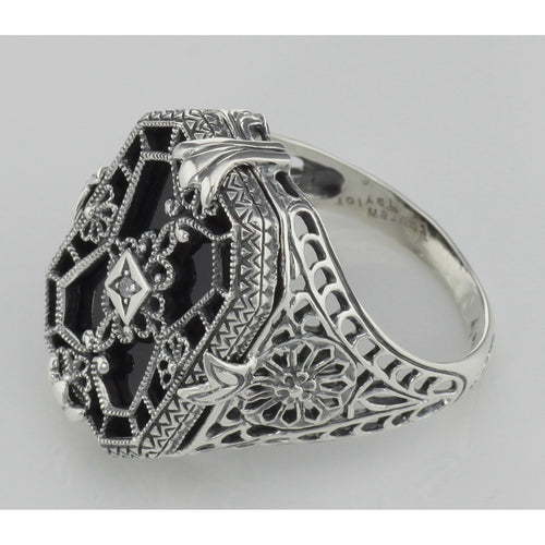 Back view of Antique Victorian Style Black Onyx Diamond Filigree Ring Sterling Silver showing 925 sterling silver hallmark