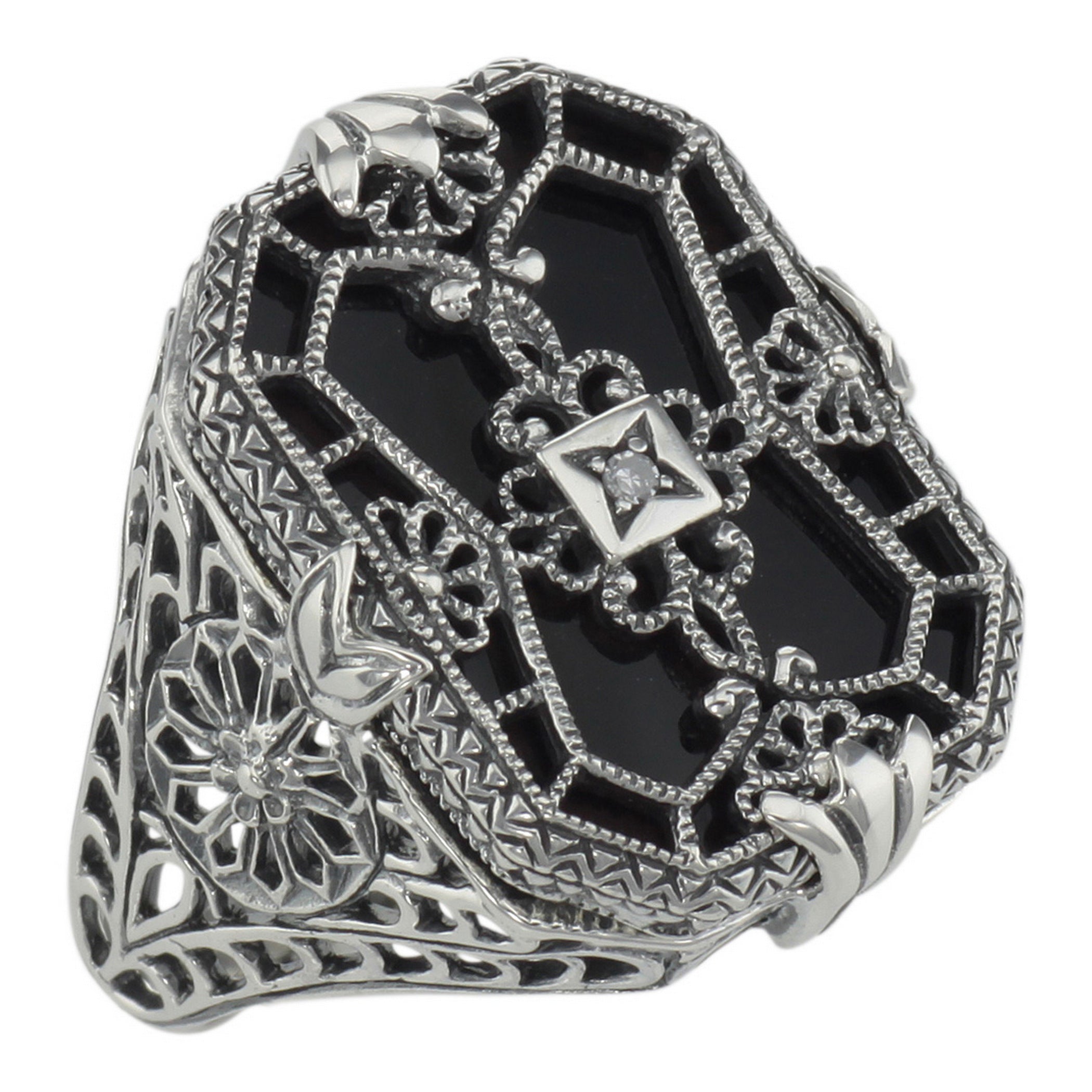 Victorian style, Diamond, Black Onyx, sterling silver rings, front view