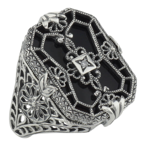 Victorian style, Diamond, Black Onyx, sterling silver rings, front view