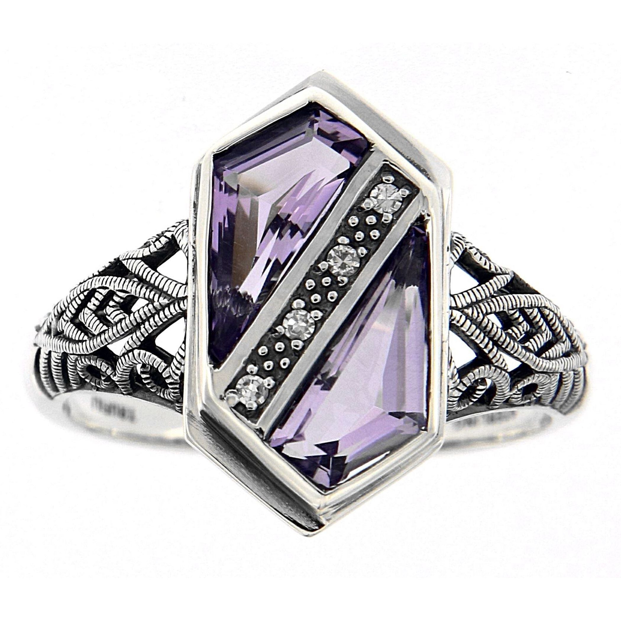 Detail view of Unique Art Deco Style Amethyst Diamond Filigree Ring highlighting Amethyst, Diamond