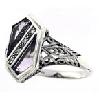 Back view of Unique Art Deco Style Amethyst Diamond Filigree Ring showing 925 sterling silver hallmark
