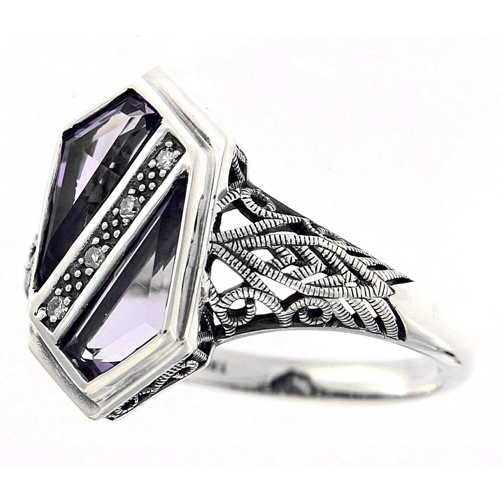 Back view of Unique Art Deco Style Amethyst Diamond Filigree Ring showing 925 sterling silver hallmark