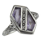 Art Deco style, Amethyst, Diamond, sterling silver rings, front view