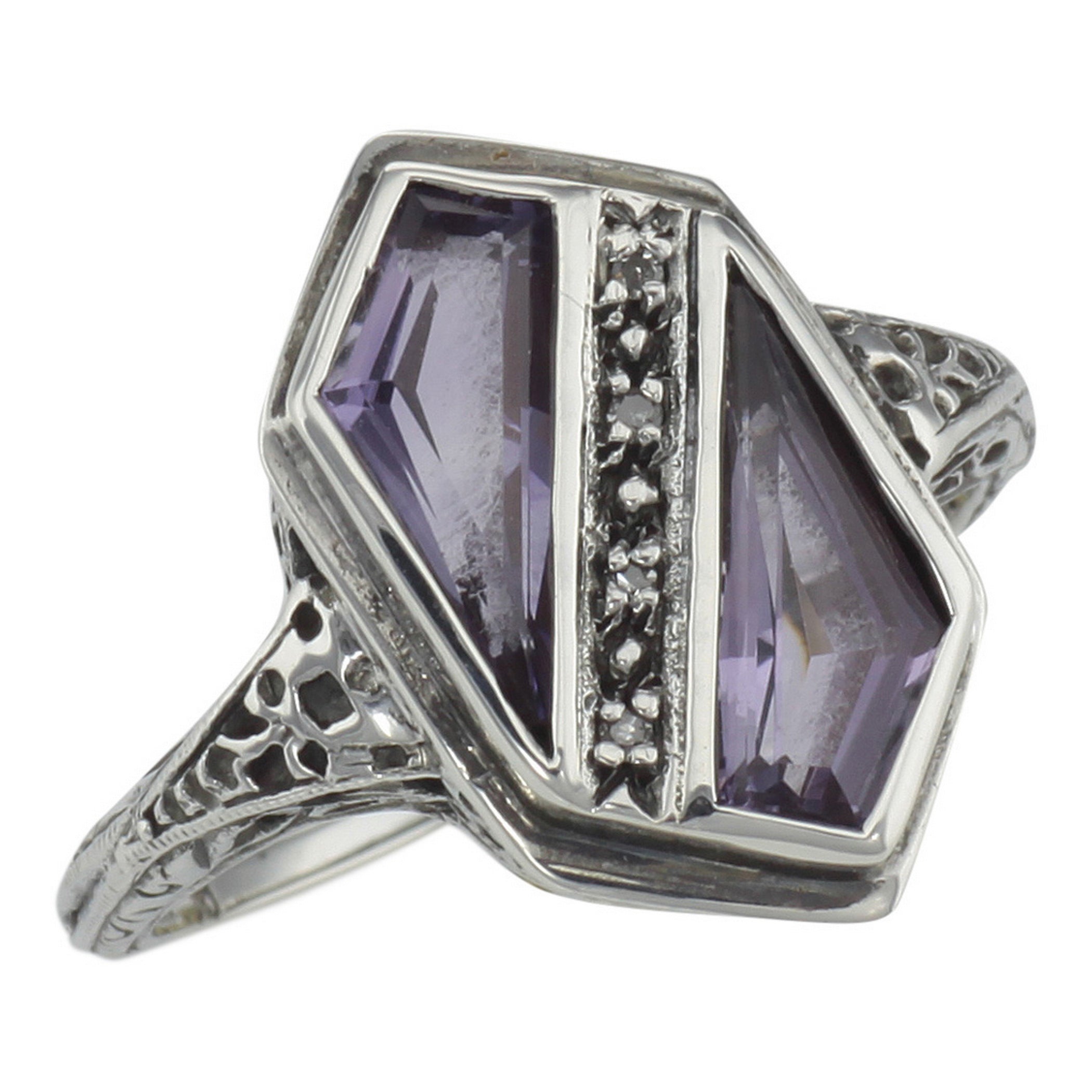 Art Deco style, Amethyst, Diamond, sterling silver rings, front view