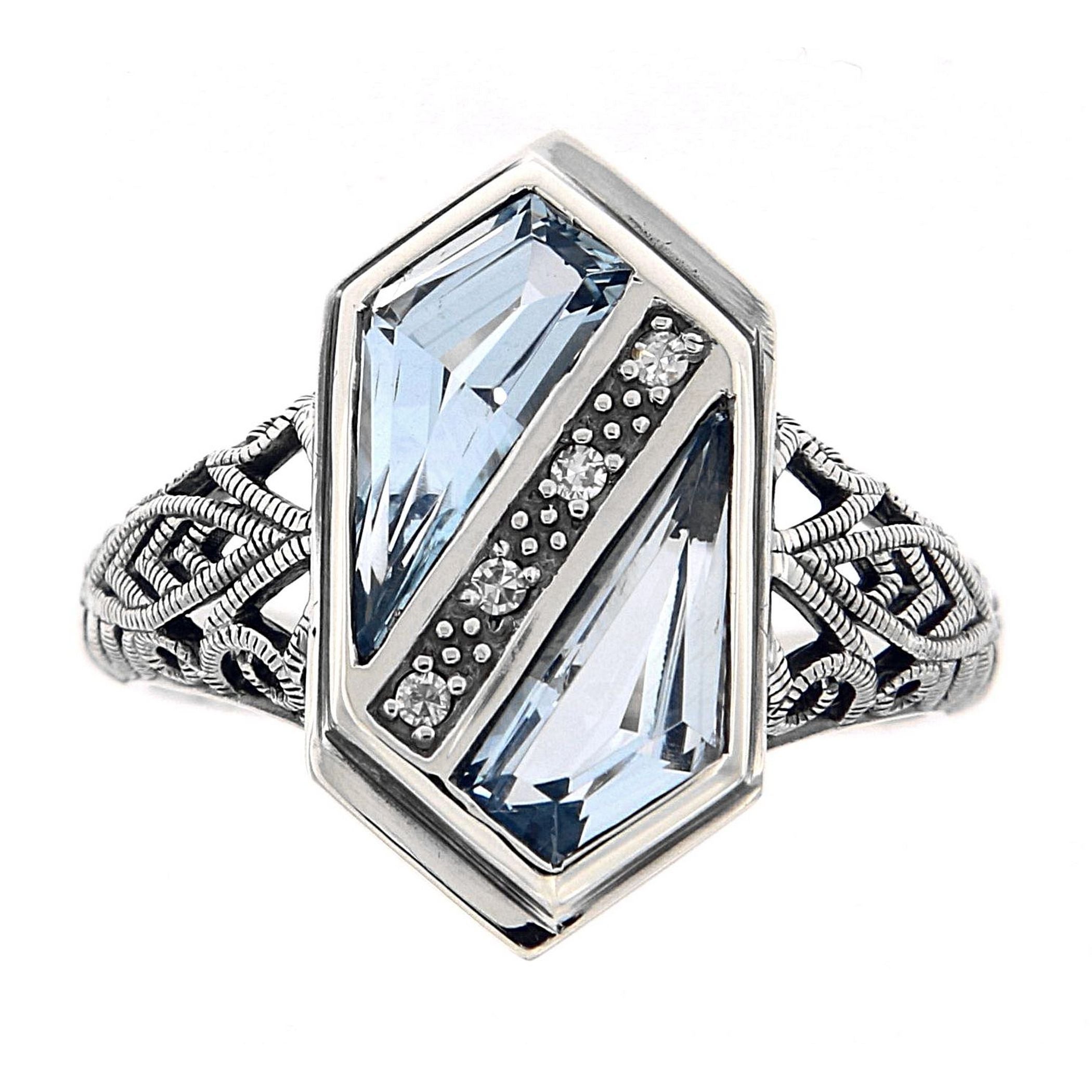 Detail view of Unique Art Deco Style Blue Topaz Diamond Filigree Ring highlighting Blue Topaz, Diamond
