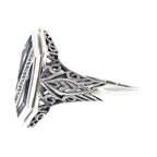 Back view of Unique Art Deco Style Blue Topaz Diamond Filigree Ring showing 925 sterling silver hallmark