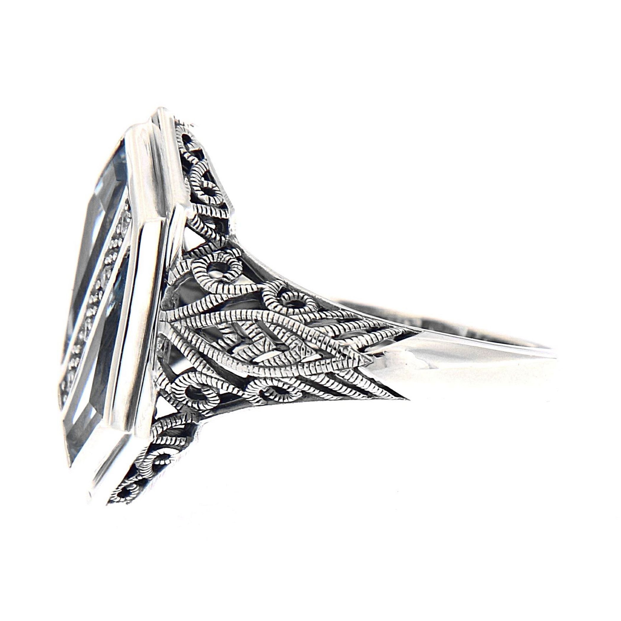 Back view of Unique Art Deco Style Blue Topaz Diamond Filigree Ring showing 925 sterling silver hallmark