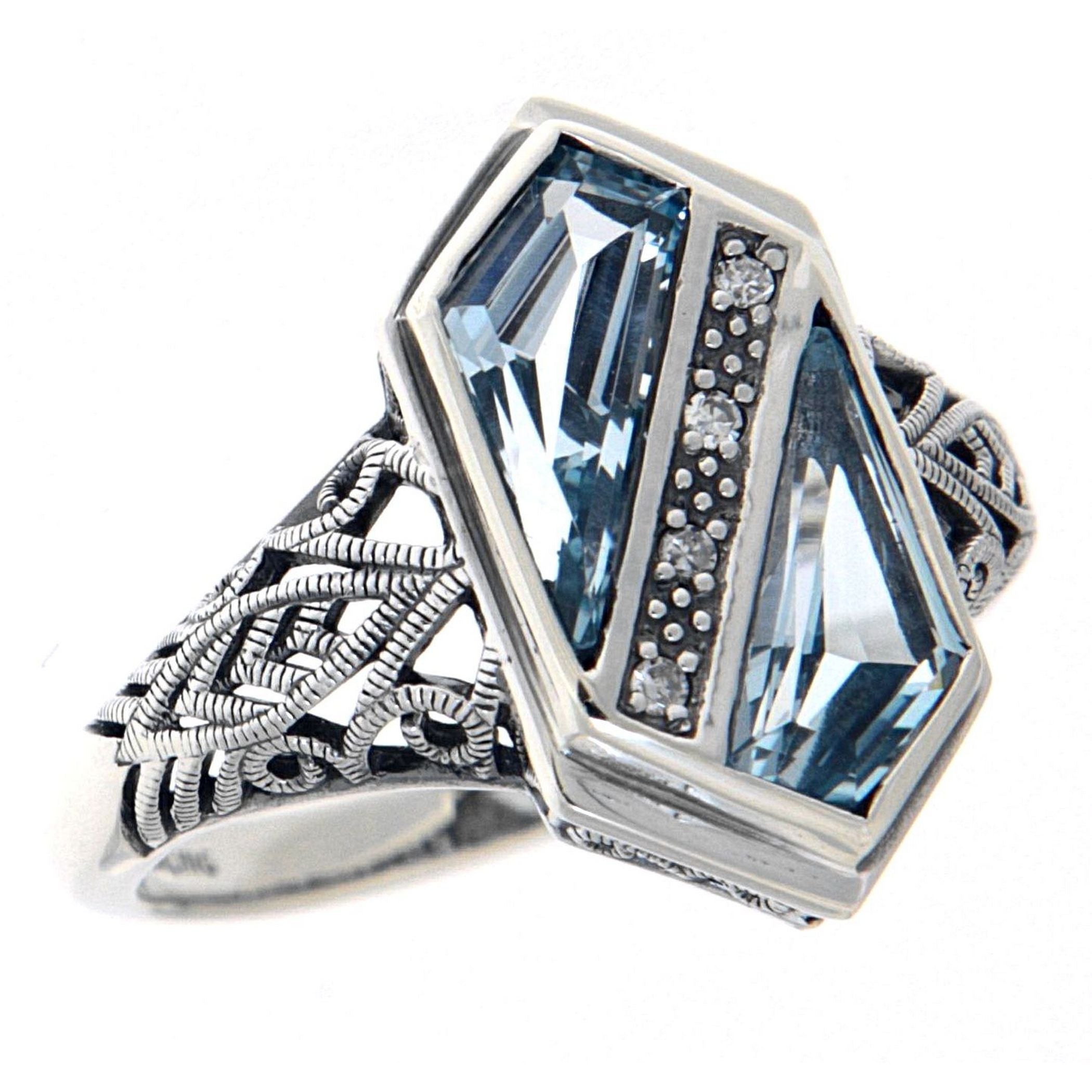 Art Deco style, Blue Topaz, Diamond, sterling silver rings, front view