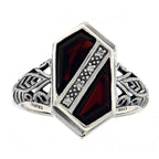 Detail view of Unique Art Deco Style Garnet Diamond Filigree Ring highlighting Garnet, Diamond