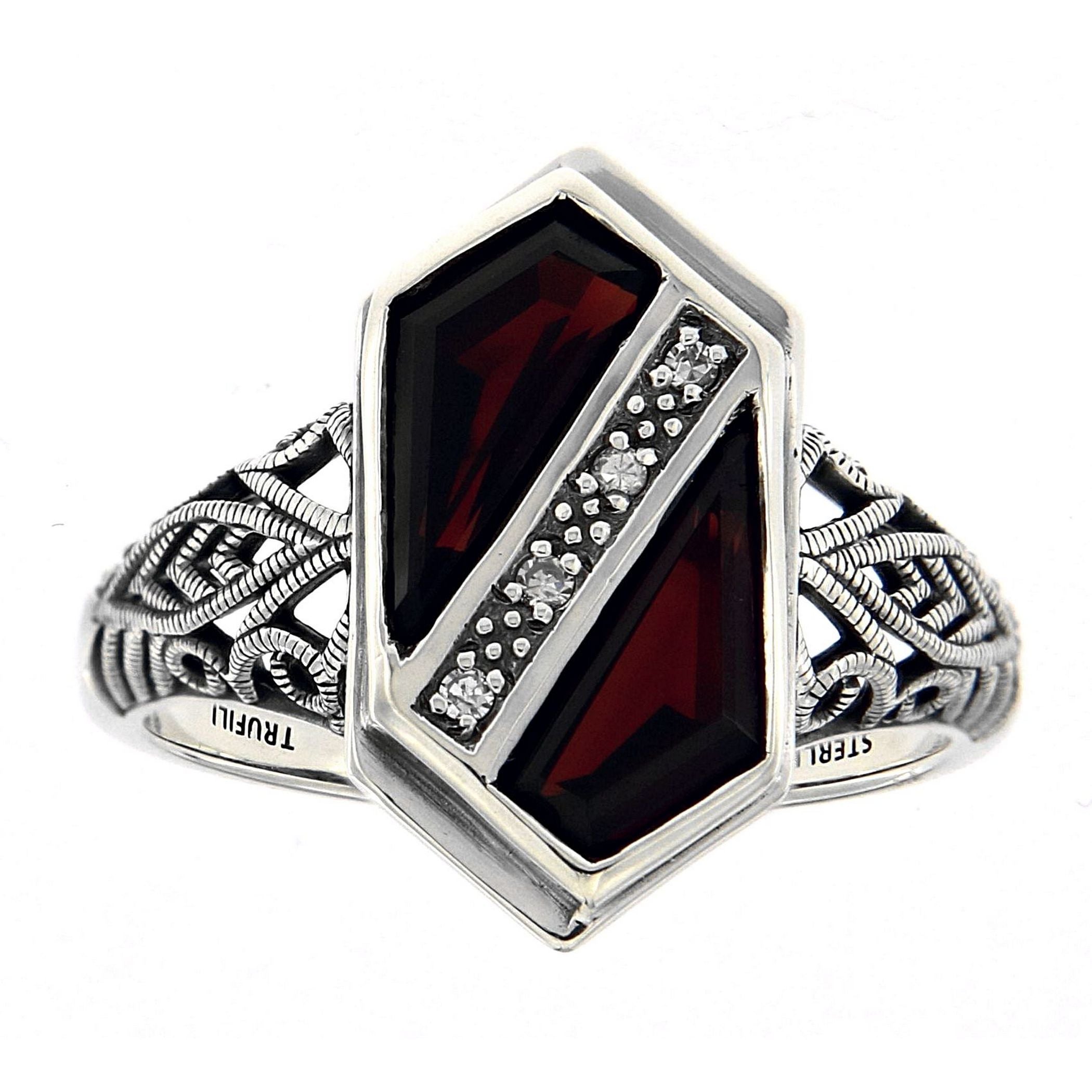 Detail view of Unique Art Deco Style Garnet Diamond Filigree Ring highlighting Garnet, Diamond
