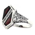 Back view of Unique Art Deco Style Garnet Diamond Filigree Ring showing 925 sterling silver hallmark