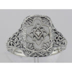 Detail view of Victorian Style Camphor Glass Filigree Diamond Ring Fine Sterling Silver highlighting Diamond, Camphor Glass