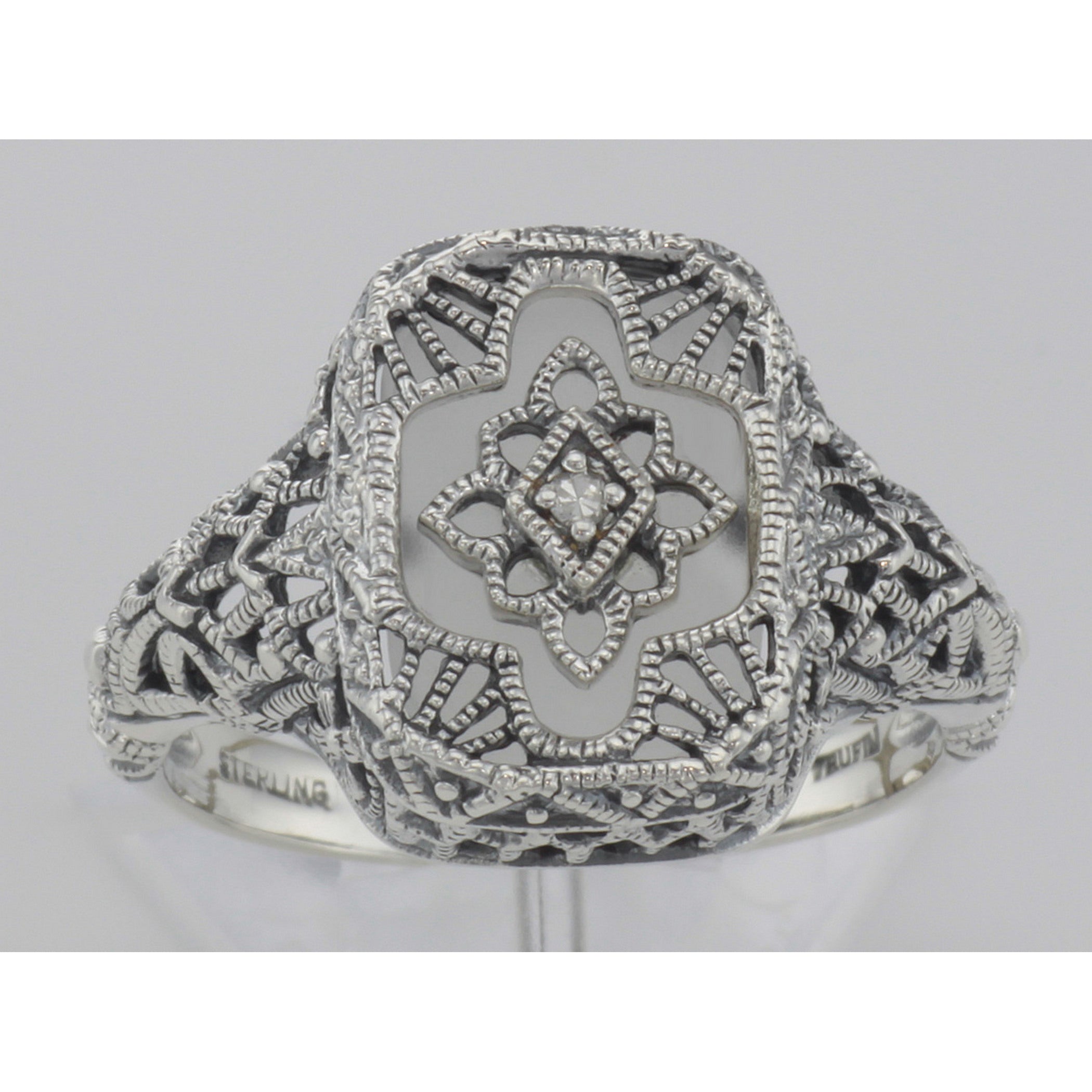 Detail view of Victorian Style Camphor Glass Filigree Diamond Ring Fine Sterling Silver highlighting Diamond, Camphor Glass