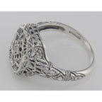 Back view of Victorian Style Camphor Glass Filigree Diamond Ring Fine Sterling Silver showing 925 sterling silver hallmark