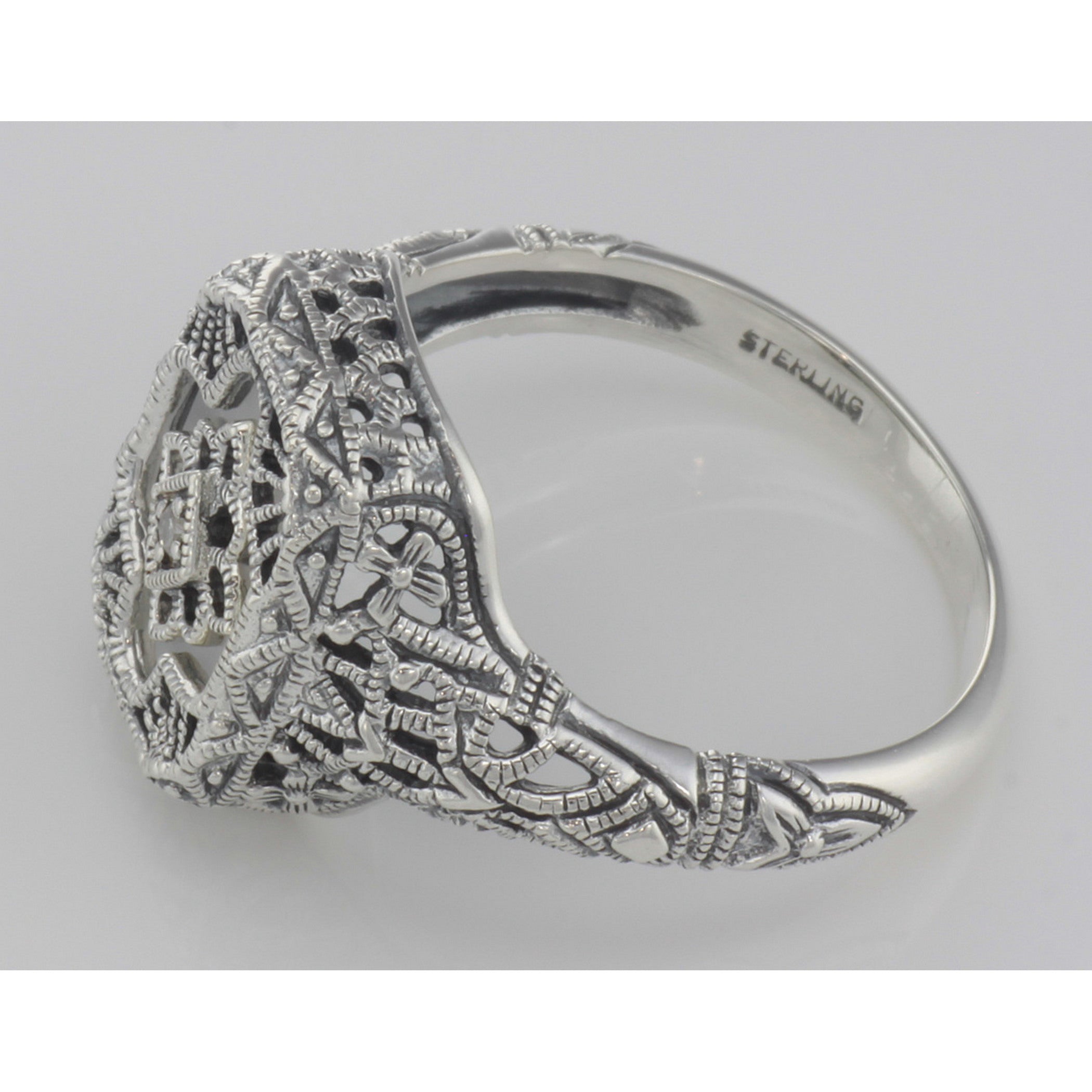 Back view of Victorian Style Camphor Glass Filigree Diamond Ring Fine Sterling Silver showing 925 sterling silver hallmark