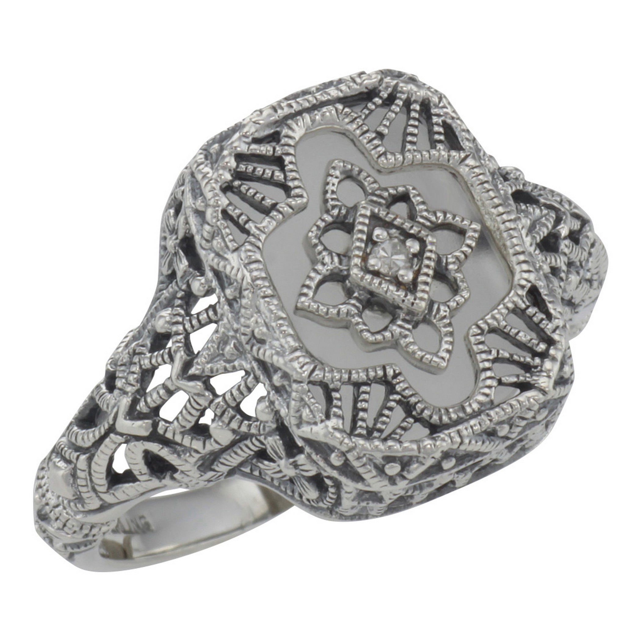 Victorian style, Diamond, Camphor Glass, sterling silver rings, front view