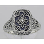 Detail view of Victorian Style Blue Lapis Filigree Diamond Ring in Fine Sterling Silver highlighting Diamond, Lapis