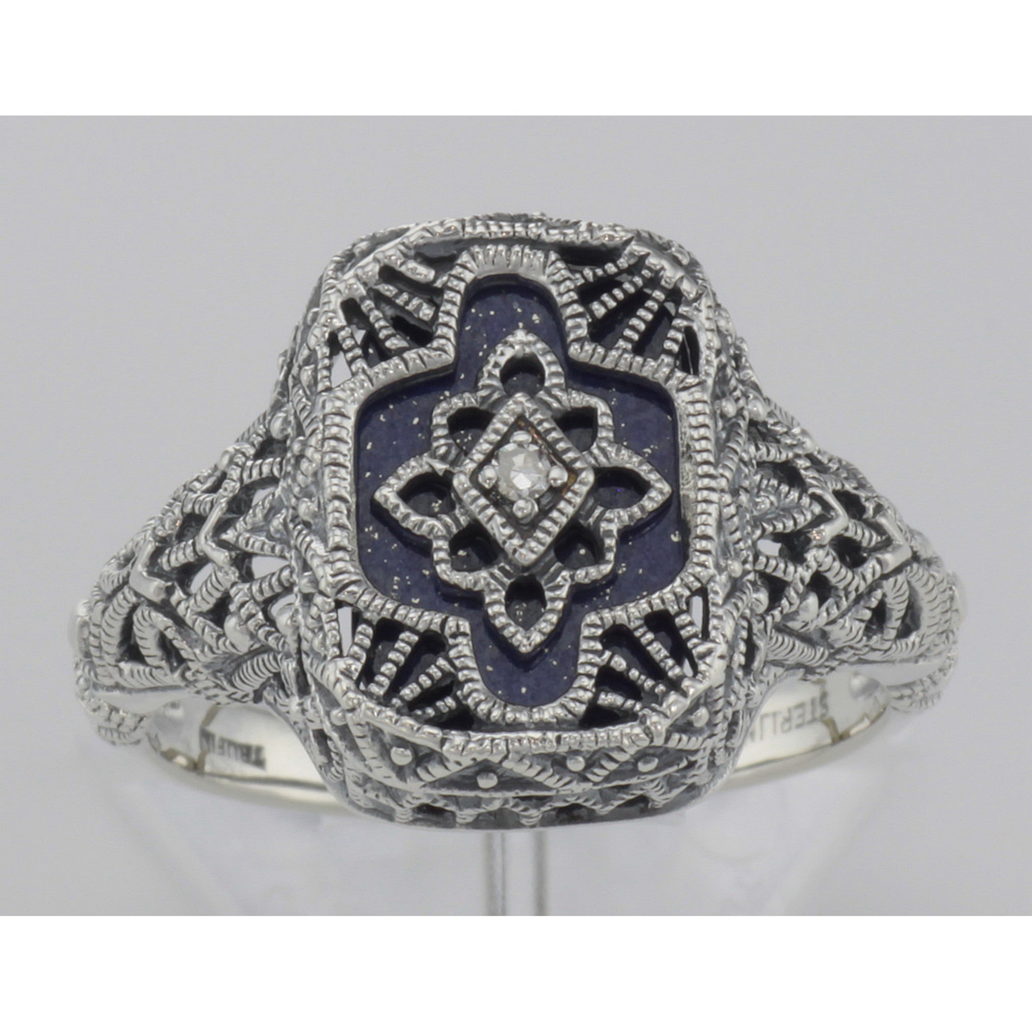 Detail view of Victorian Style Blue Lapis Filigree Diamond Ring in Fine Sterling Silver highlighting Diamond, Lapis