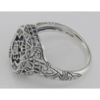 Back view of Victorian Style Blue Lapis Filigree Diamond Ring in Fine Sterling Silver showing 925 sterling silver hallmark