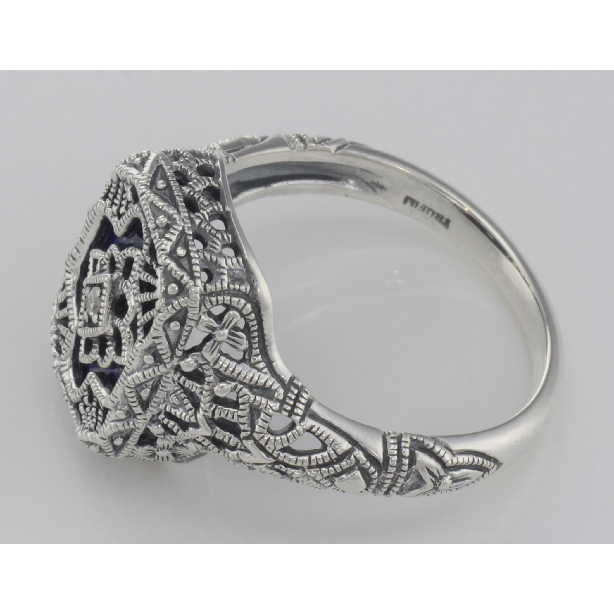 Back view of Victorian Style Blue Lapis Filigree Diamond Ring in Fine Sterling Silver showing 925 sterling silver hallmark