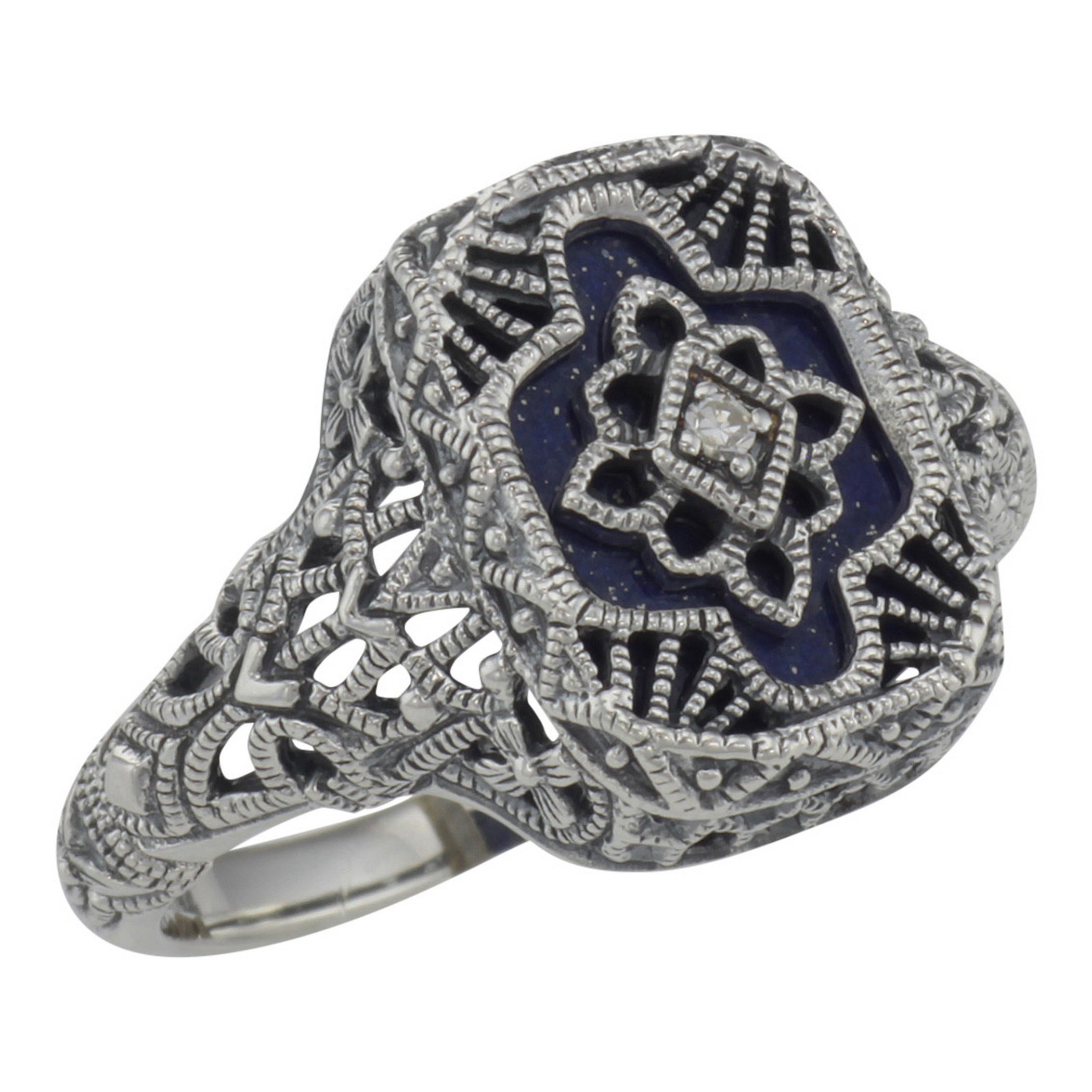 Victorian style, Diamond, Lapis, sterling silver rings, front view