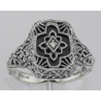 Detail view of Victorian Style Black Onyx Filigree Diamond Ring in Fine Sterling Silver highlighting Diamond, Black Onyx