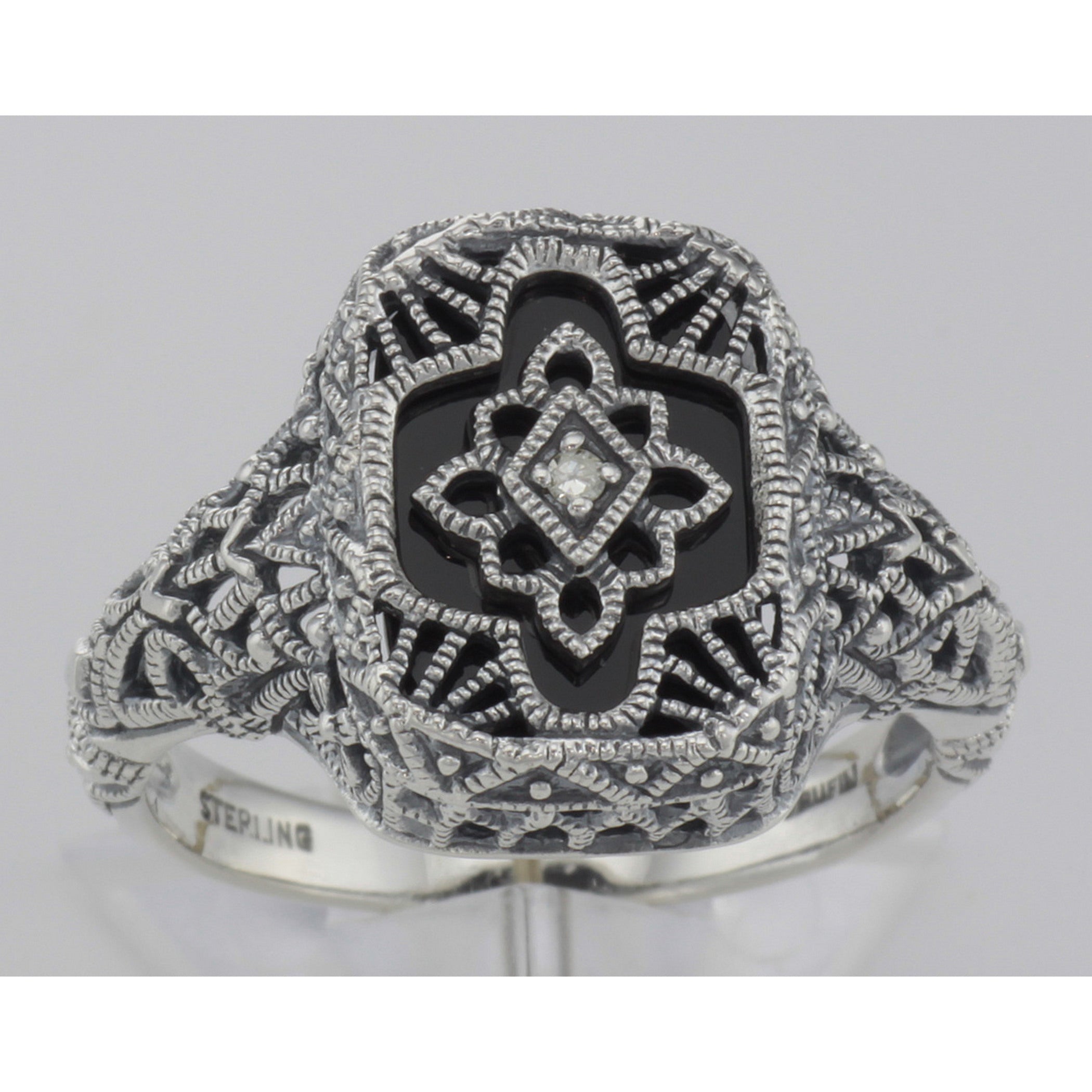 Detail view of Victorian Style Black Onyx Filigree Diamond Ring in Fine Sterling Silver highlighting Diamond, Black Onyx