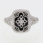 Back view of Victorian Style Black Onyx Filigree Diamond Ring in Fine Sterling Silver showing 925 sterling silver hallmark