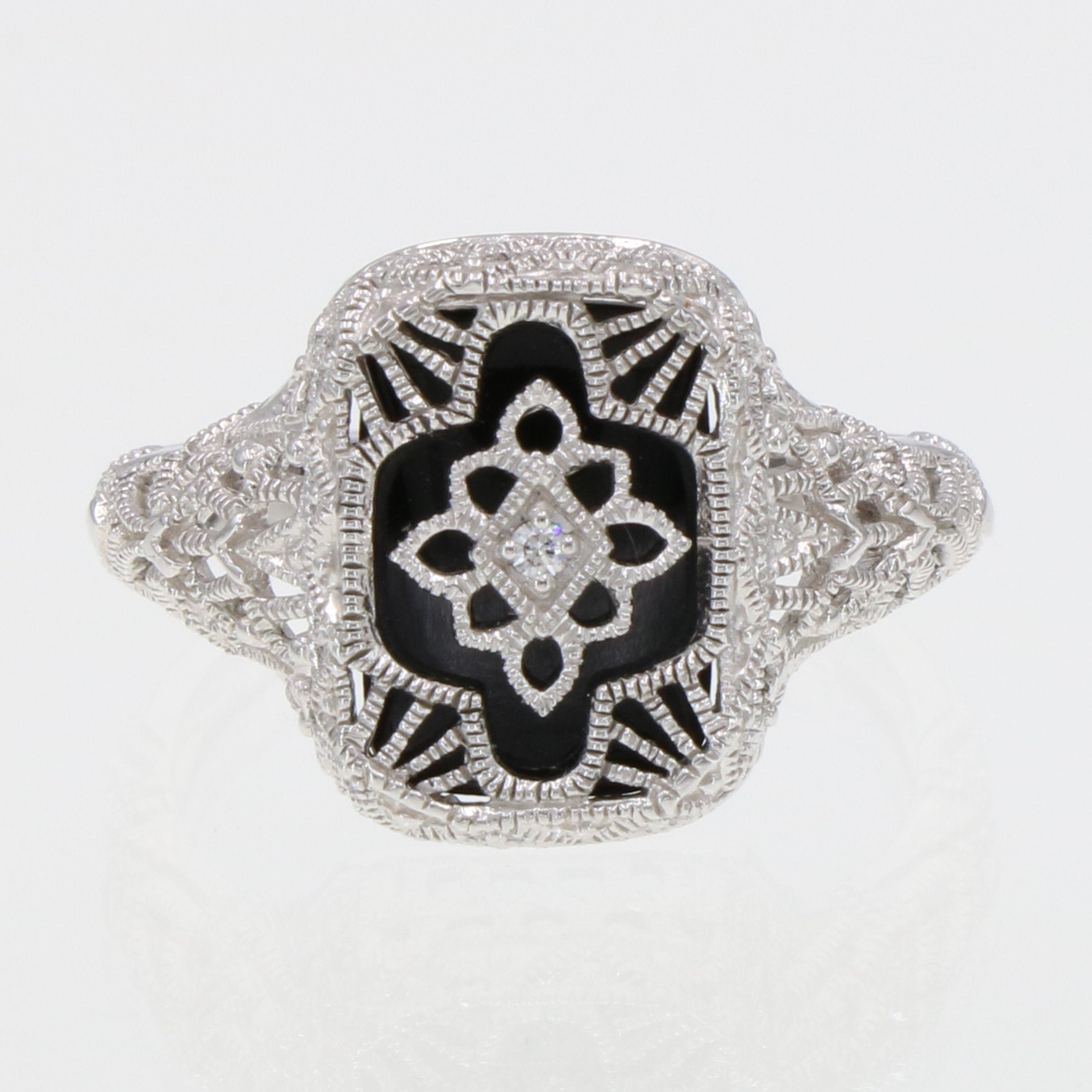Back view of Victorian Style Black Onyx Filigree Diamond Ring in Fine Sterling Silver showing 925 sterling silver hallmark