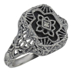 Victorian style, Diamond, Black Onyx, sterling silver rings, front view