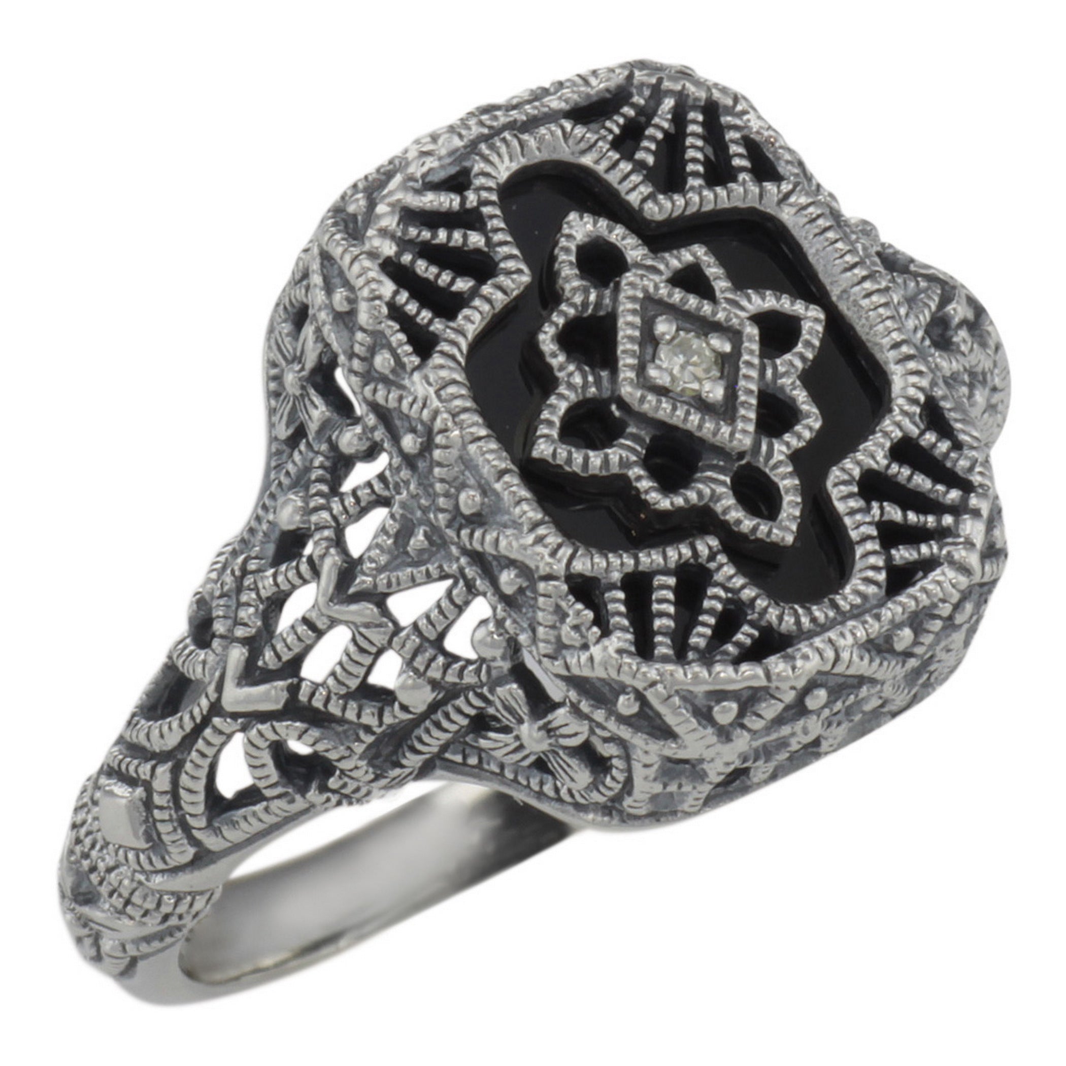 Victorian style, Diamond, Black Onyx, sterling silver rings, front view