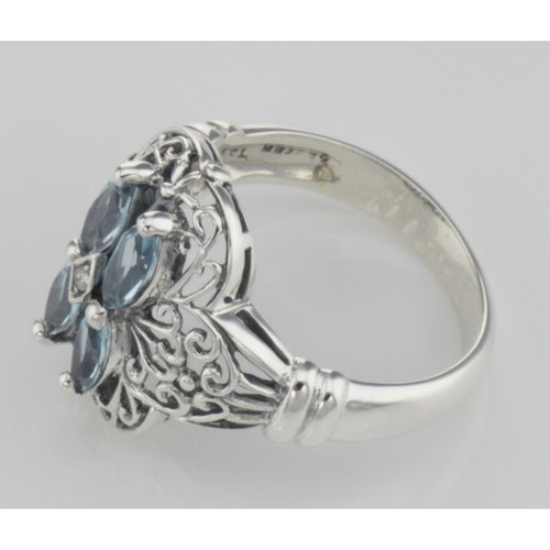 Back view of Antique Style Four Stone Blue Topaz and Diamond Ring showing 925 sterling silver hallmark