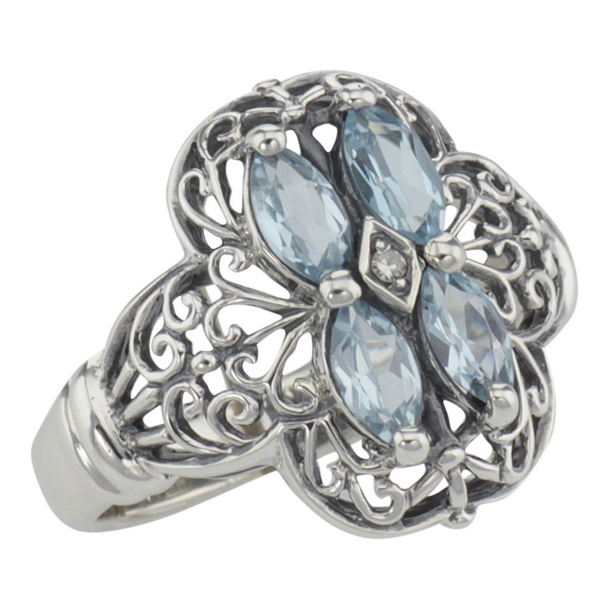 Antique style, Blue Topaz, Diamond, sterling silver rings, front view