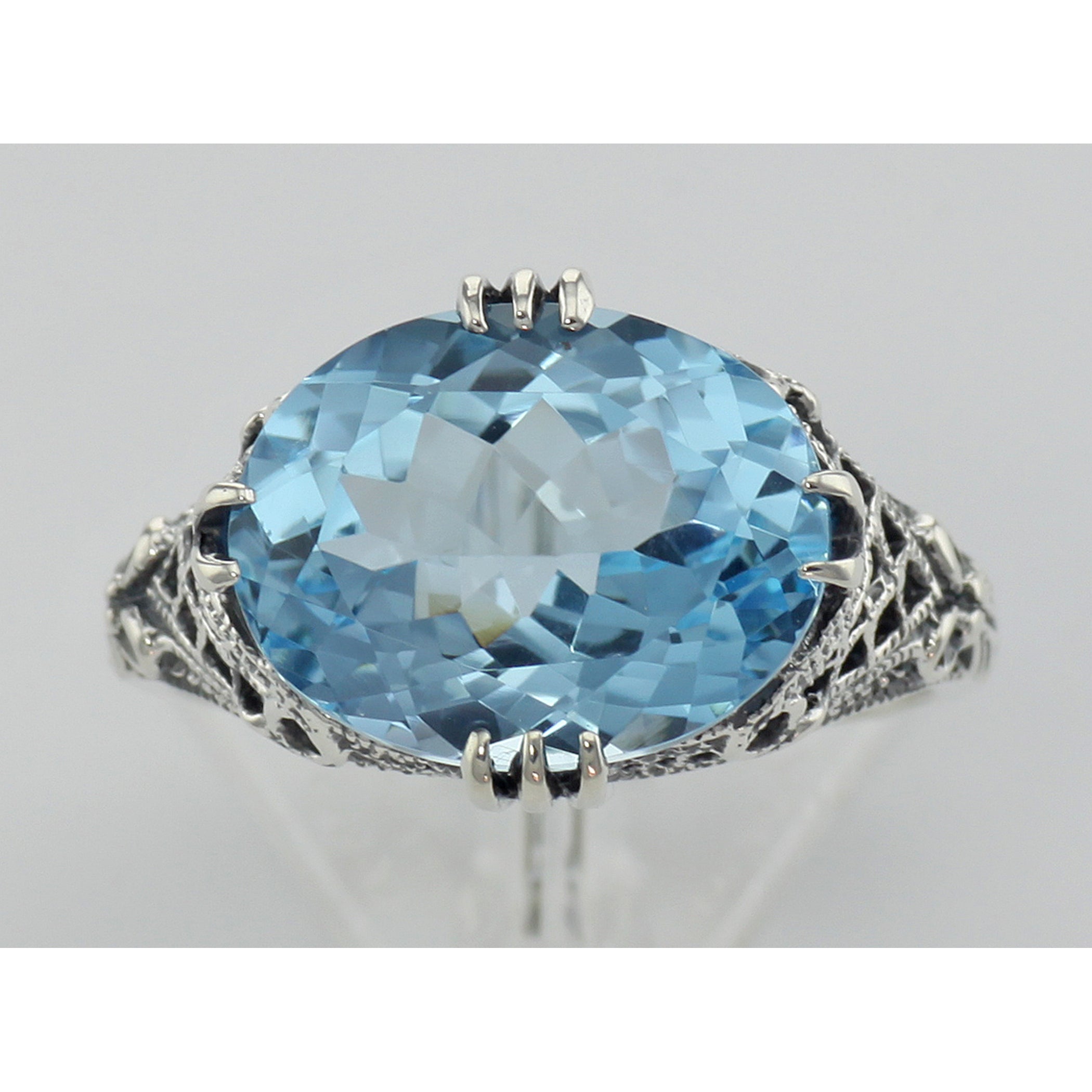 Back view of 8.9 Carat Geniune Blue Topaz Filigree Ring showing 925 sterling silver hallmark