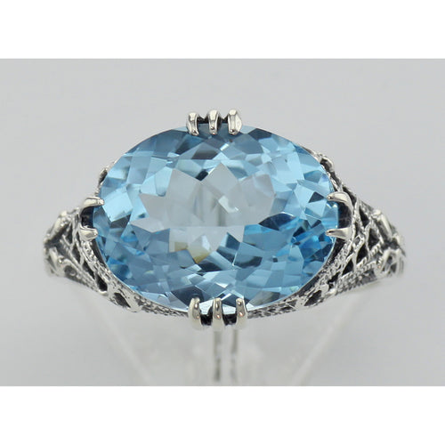 Back view of 8.9 Carat Geniune Blue Topaz Filigree Ring showing 925 sterling silver hallmark
