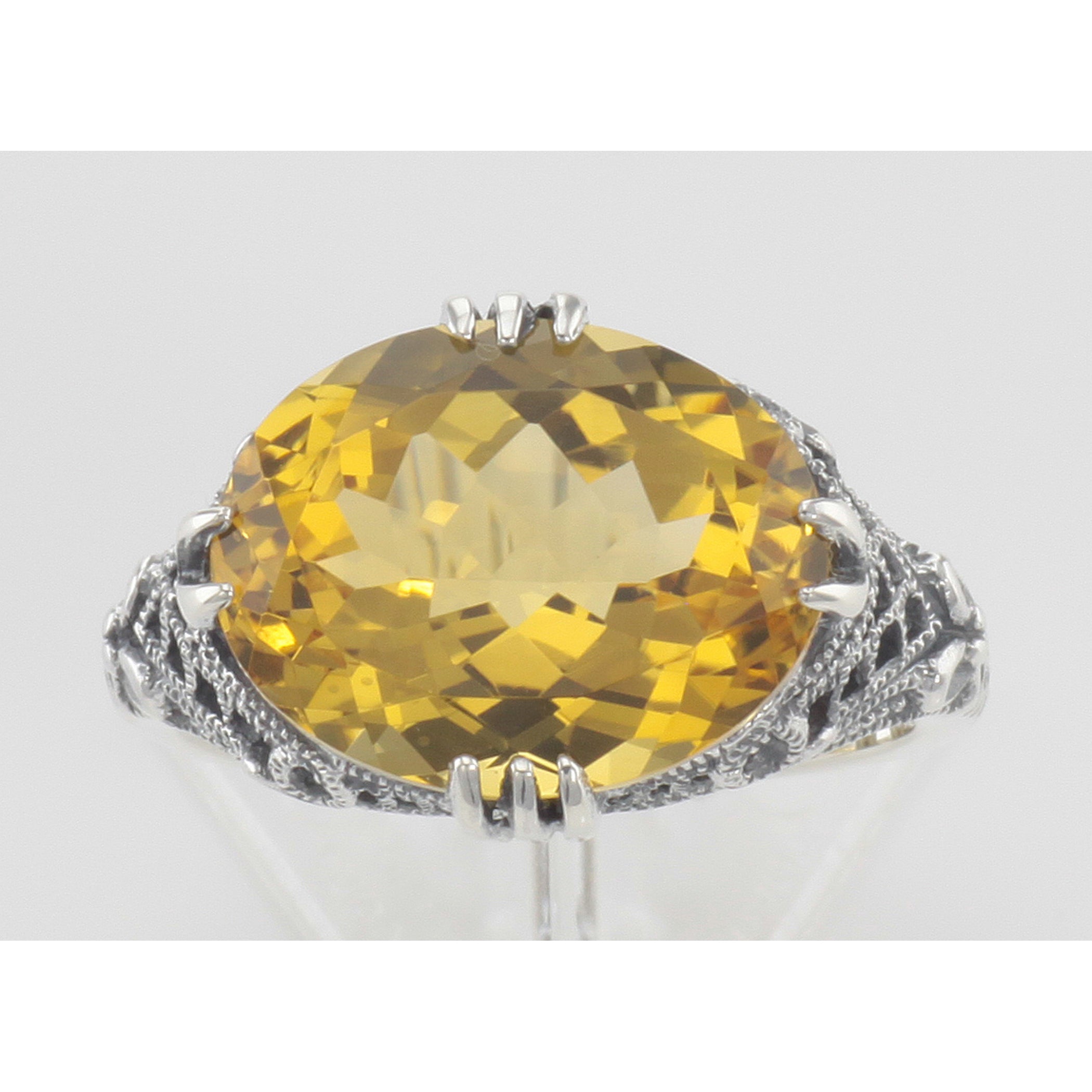 Detail view of Beautiful 8.9 Carat Geniune Golden Citrine Filigree Ring highlighting Citrine