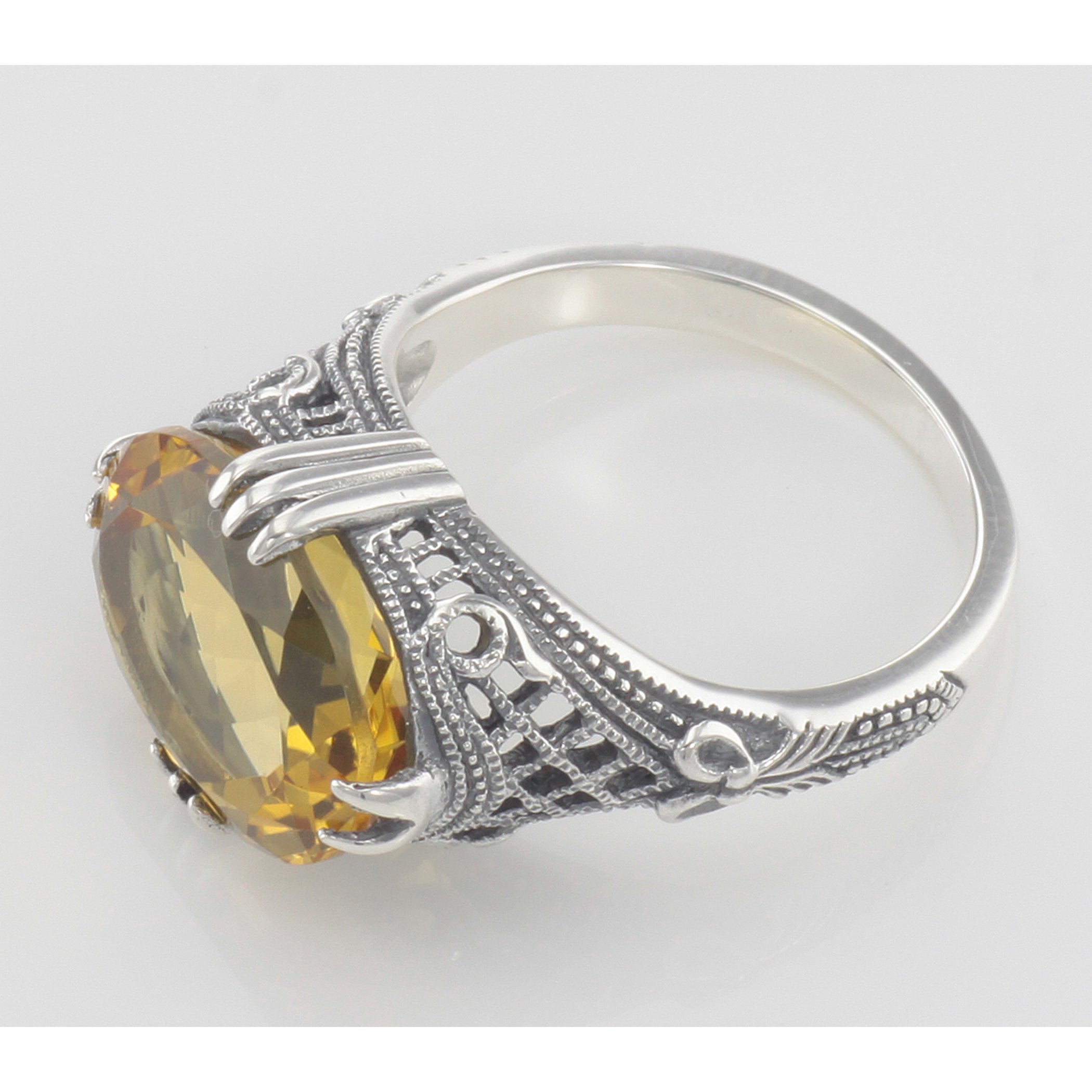 Back view of Beautiful 8.9 Carat Geniune Golden Citrine Filigree Ring showing 925 sterling silver hallmark