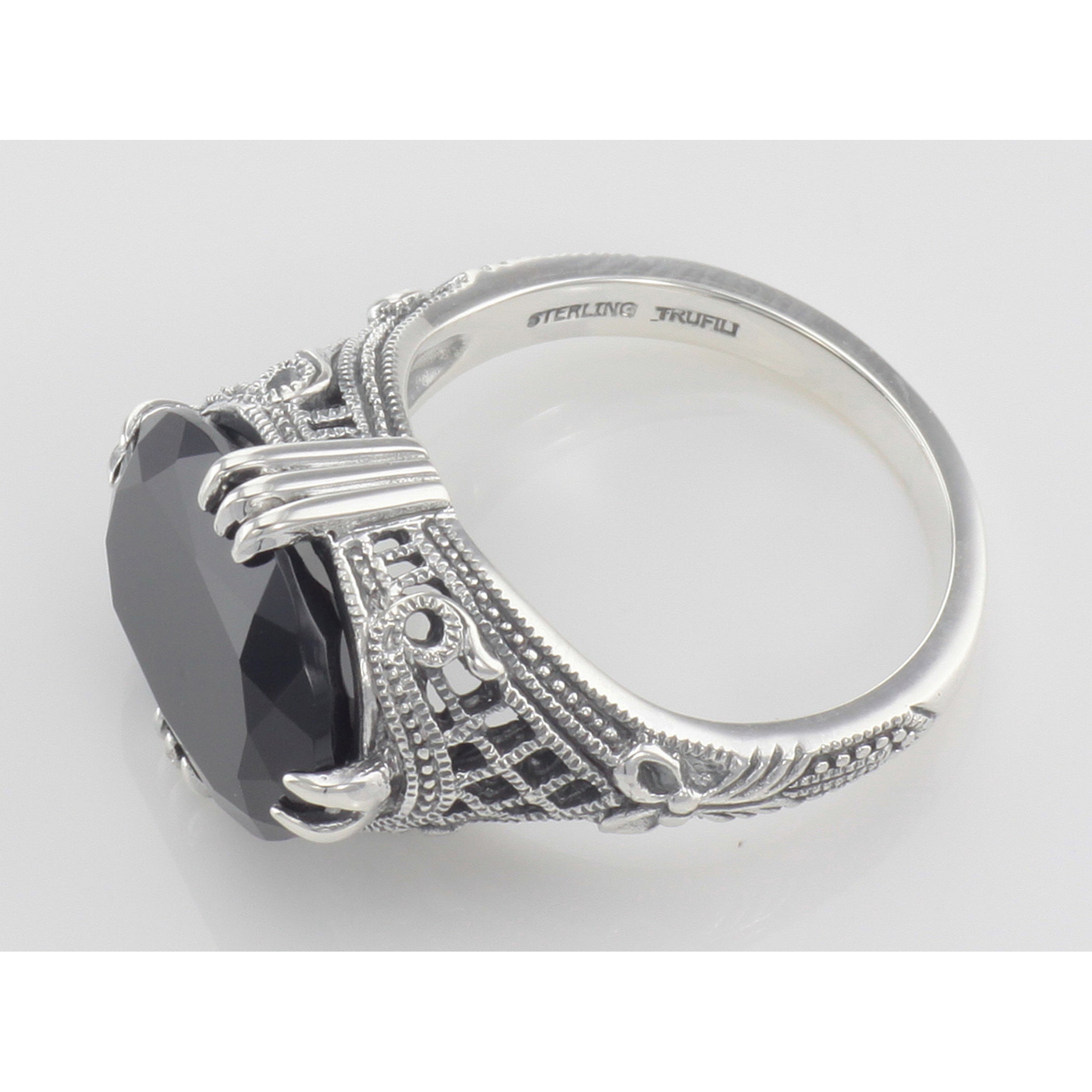 Back view of Beautiful Oval Black Onyx Filigree Ring showing 925 sterling silver hallmark