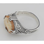 Back view of ONLY 1 IN STOCK - Antique Style Hand Carved Italian Shell Cameo Ring showing 925 sterling silver hallmark