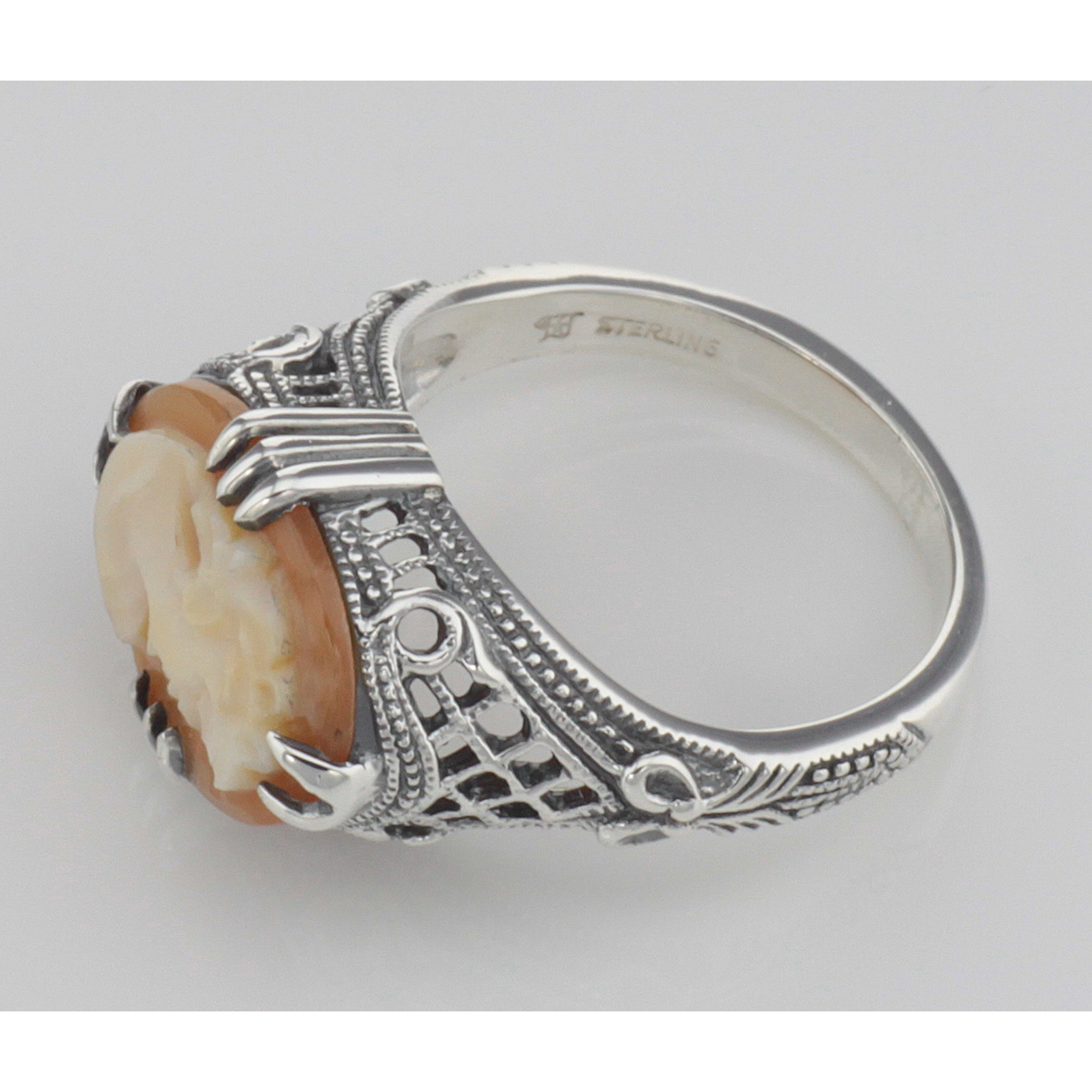 Back view of ONLY 1 IN STOCK - Antique Style Hand Carved Italian Shell Cameo Ring showing 925 sterling silver hallmark