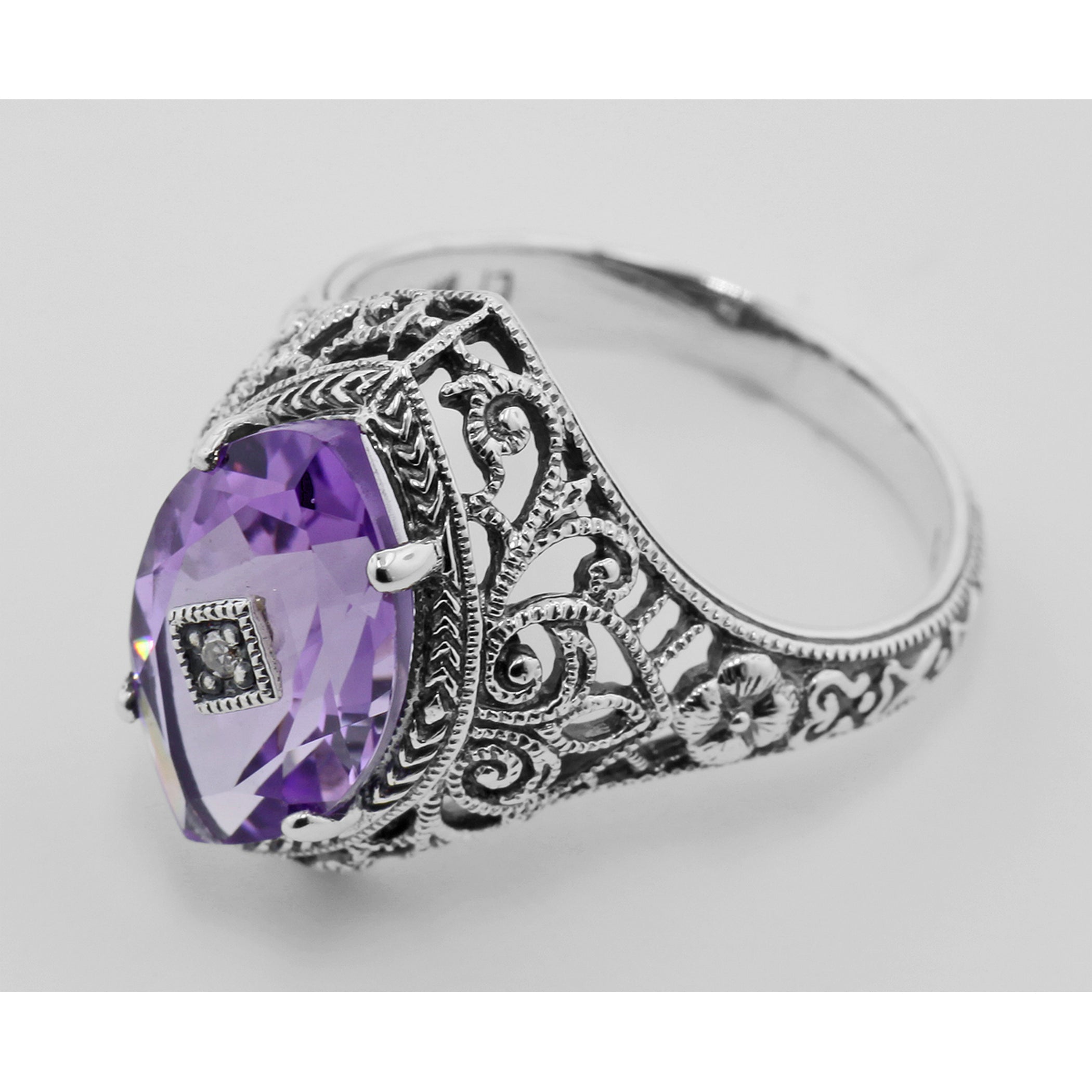 Back view of Victorian Style Sterling Silver Amethyst Filigree Ring w/ Diamond Center showing 925 sterling silver hallmark